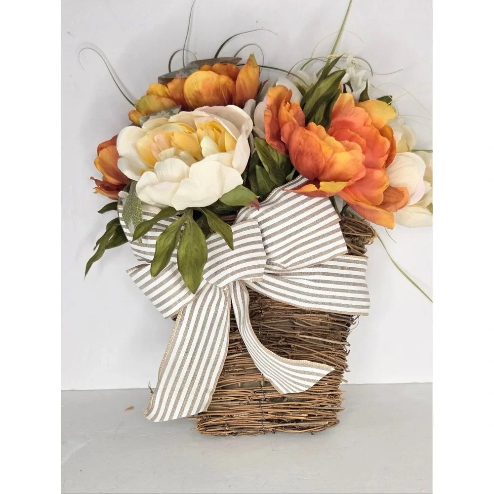Ashland‎ Fall Peony Floral Wall Hanging Grapevine Straw Basket Farmhouse Country